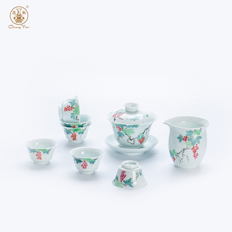 玉瓷手繪“吉運(yùn)添?！?頭蓋碗茶具套裝